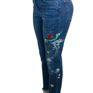 Free People Embroidered Skinny Jeans Pants Peacock Raw Hem Women’s Sz30/Us 10